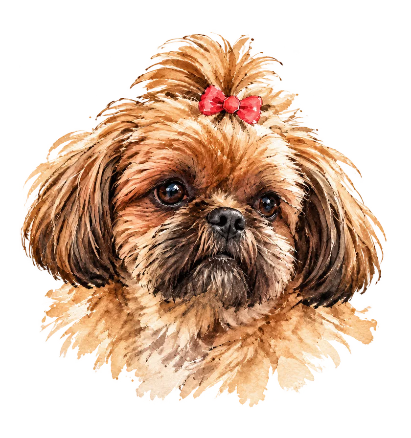 A Melissa, a cachorra que dá nome ao PetHive, em aquarela, com o laço rosa no topete