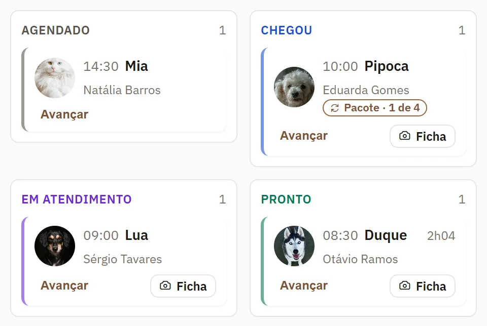 A agenda do dia, com os horários coloridos pela etapa: pronto, em atendimento, chegou e agendado